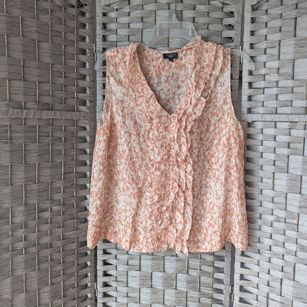 Talbots Silk Blouse Coral Ruffle V-Neck Sleeveless‎ Abstract Print 12P Elegant